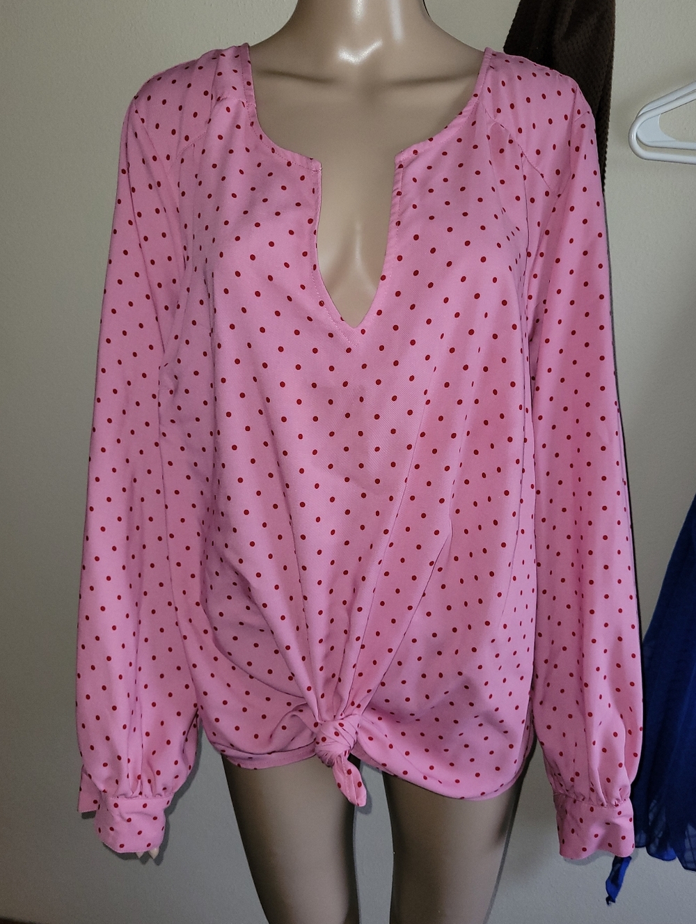 Torrid Brand Pink Polkadot Deep V-neck Long Button Cuffed Sleeve Blouse.  Size 2